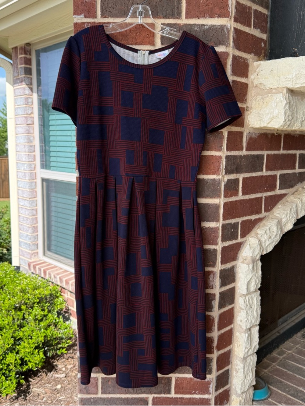 LuLaRoe Navy and Burgundy Short Sleeve Fit-and-Flare Midi Dress